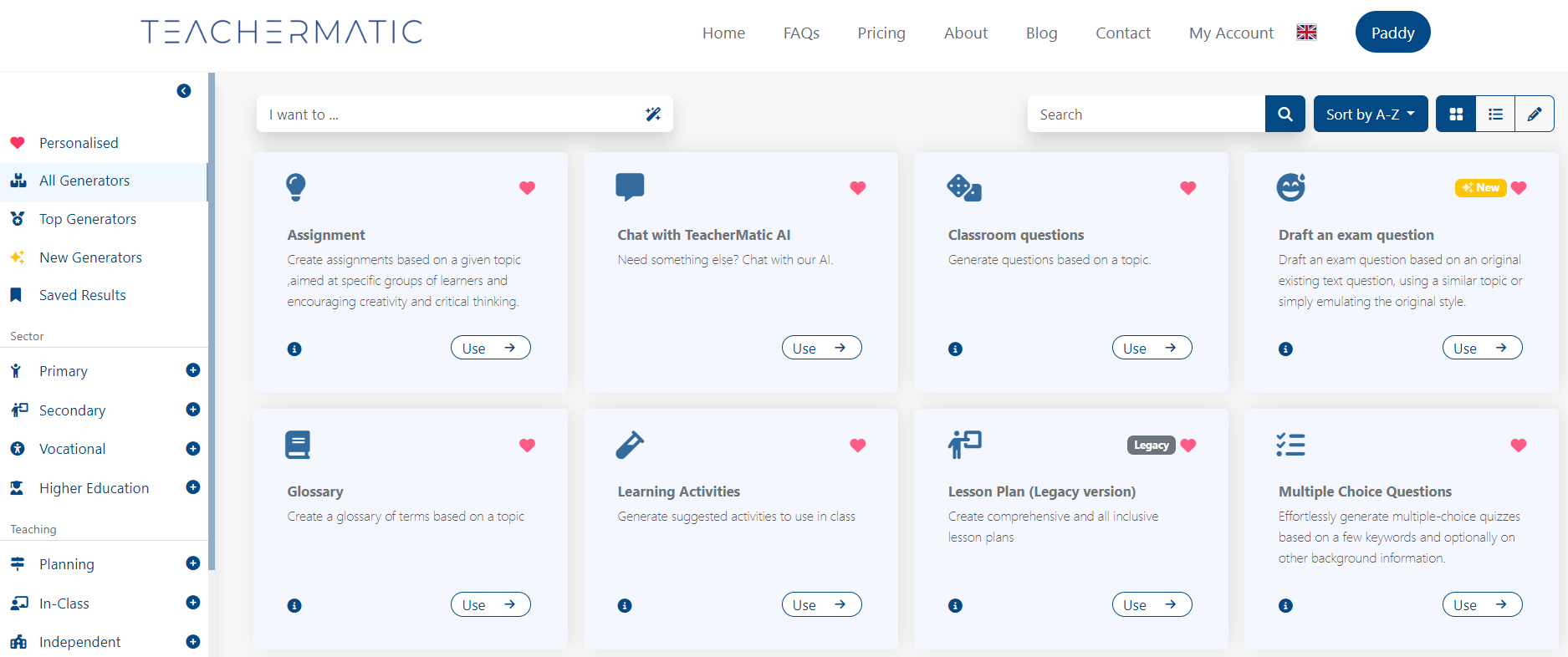  Figure 1 An image of TeacherMatic’s Higher Education sector screen showing several generators.